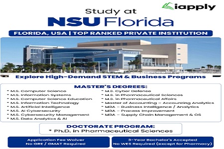Study STEM & Business in the USA - No GRE, No Application Fee - Nova Southeastern University !